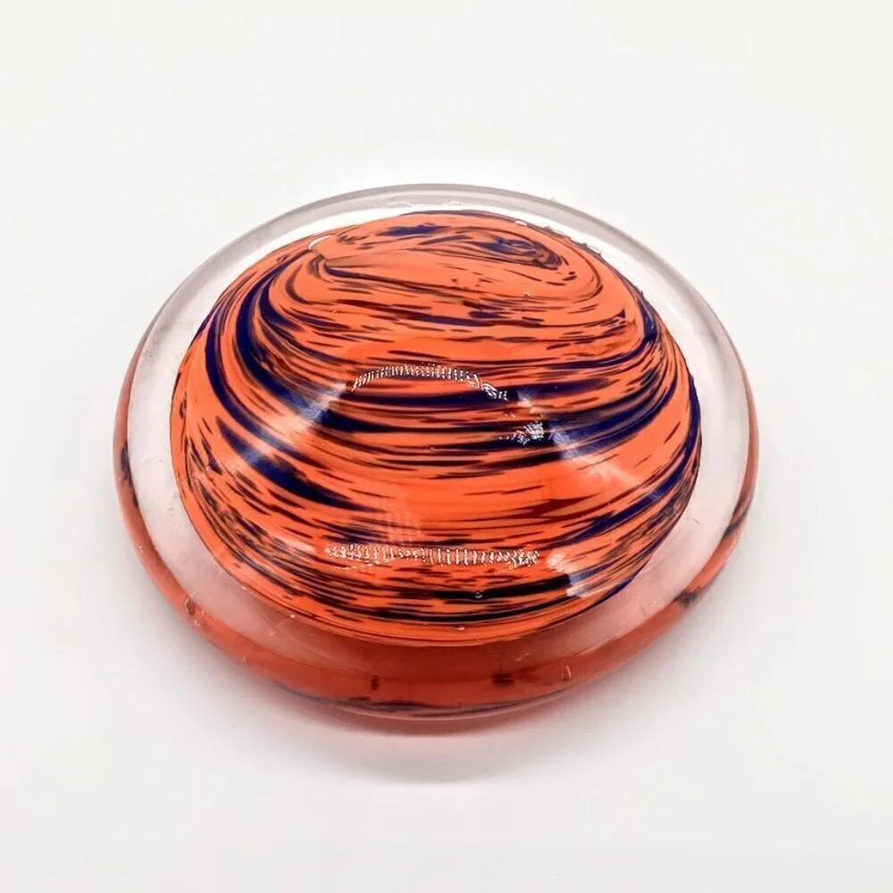 Handblown Orange Purple Swirl Art Glass Round Paperweight